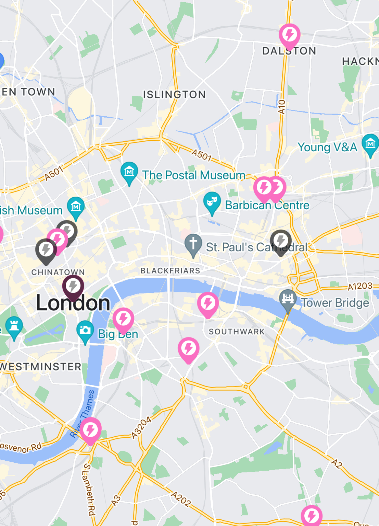 Cheeky Charging app showing pink charger pins across central London — Westminster, Southwark, Dalston, Tower Bridge, Big Ben