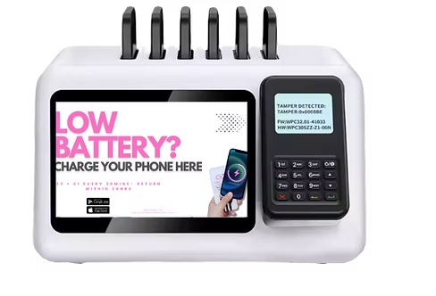 Cheeky Charging compact countertop unit with 6 batteries, screen, and contactless card reader