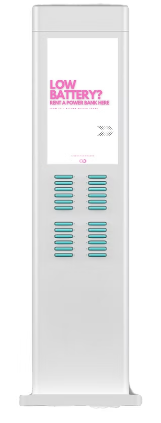 Cheeky Charging floor-standing tower with branded screen and 16 battery slots